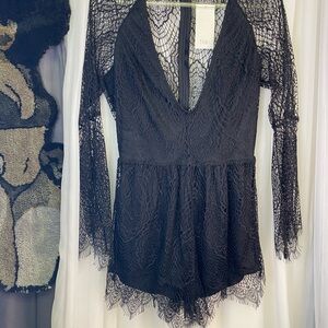 Tobi Black Lace Long Sleeved Romper Overlay